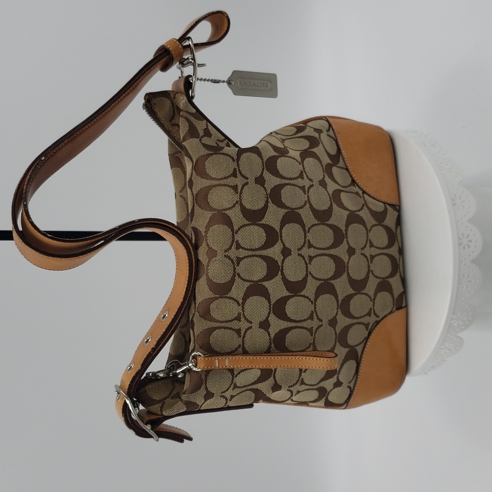 Vintage COACH L2K-6347  Hobo signature tote w/ Leather Trim & Brown Logo Canvas